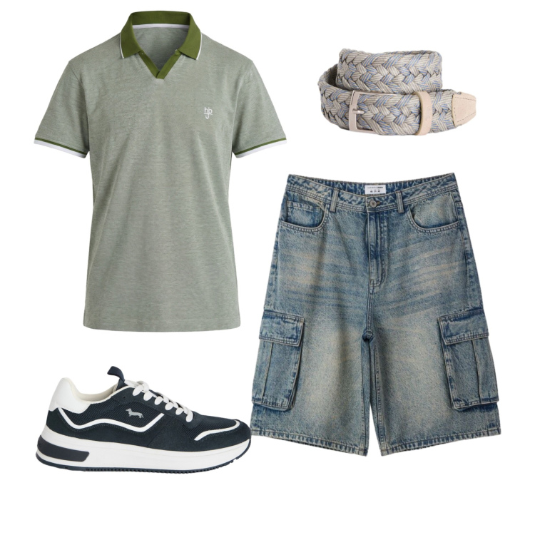 Outfit uomo - Urban Green. Stile Business/Elegante per Tutti i giorni. Abbinamento con polo, sneakers, cinture, pantaloni corti.