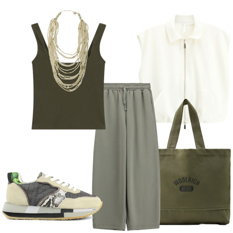Outfit donna - Total look #2433538. Stile Basic per Tutti i giorni. Abbinamento con top, borse tote, collane, gilet, pantaloni a palazzo, sneakers.