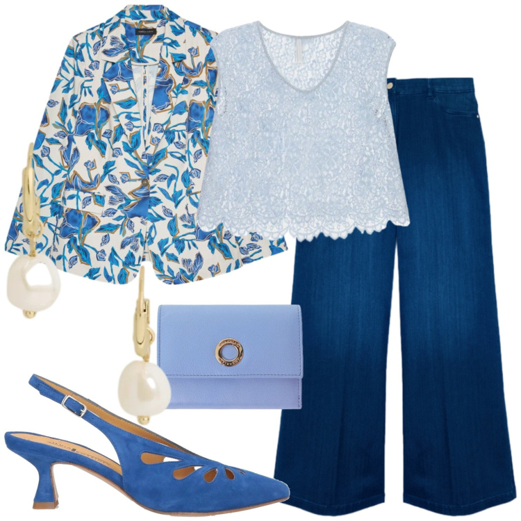 Outfit donna - Chic. Stile Chic per Serata fuori. Abbinamento con décolleté, portafogli, top, blazer, jeans, orecchini.