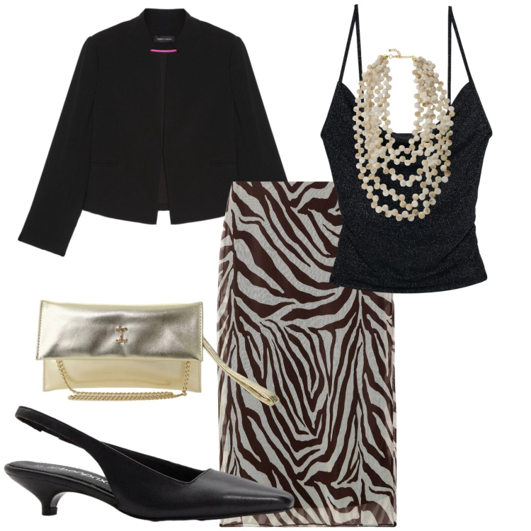 Outfit donna - Chic. Stile Chic per Serata fuori. Abbinamento con décolleté, gonne lunghe, canottiere, blazer, borse a tracolla, collane.