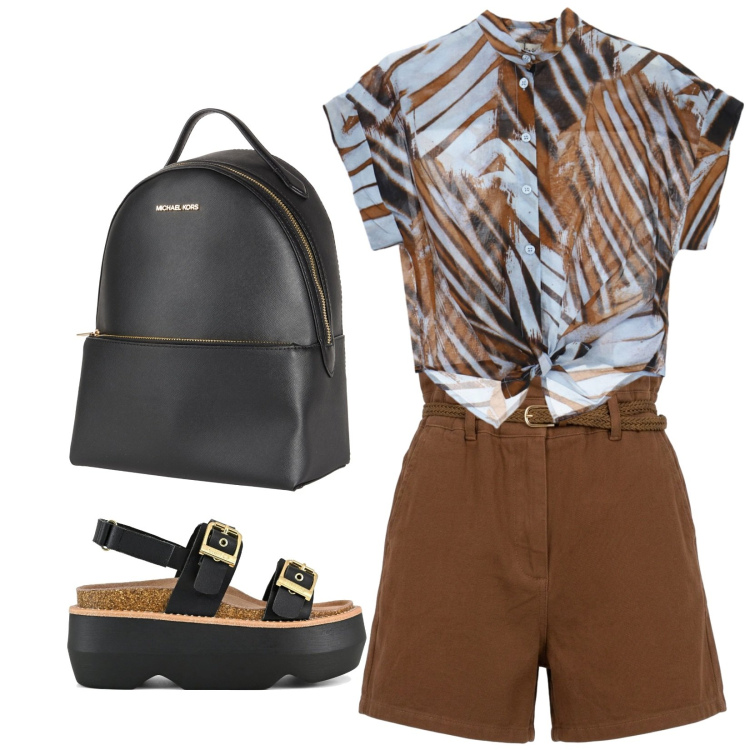 Outfit donna - In vacanza o in città. Stile Casual per Tutti i giorni. Abbinamento con zaini, camicie a manica corta, shorts, sandali col tacco.