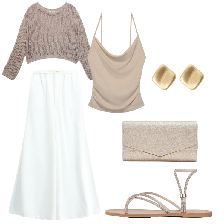 Outfit donna - Casuale chic. Stile Casual chic per Serata fuori. Abbinamento con maglieria, canottiere, sandali, clutch, pantaloni a palazzo, orecchini.