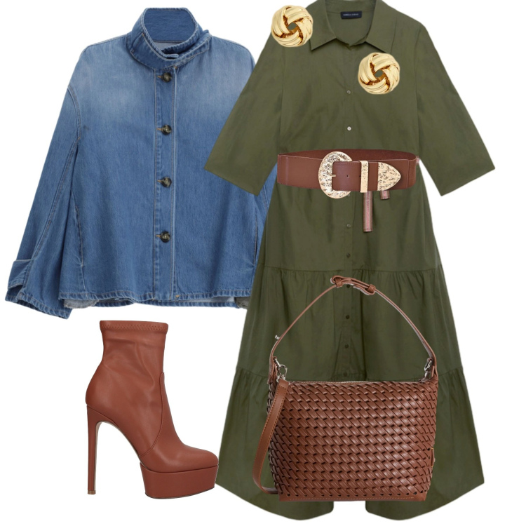 Outfit donna - Total look #2433557. Stile Military per Scuola/Università. Abbinamento con stivaletti, borse a spalla, vestiti chemisier, orecchini, blazer, cinture.