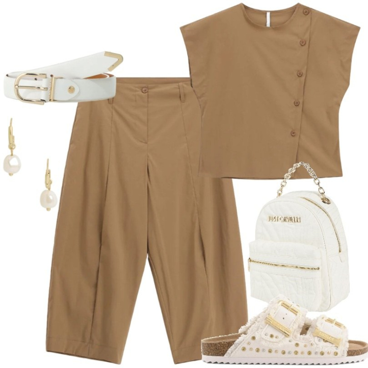 Outfit donna - Coordinati estivi imperial. Stile Casual per Tutti i giorni. Abbinamento con zaini, pantaloni, camicie a manica corta, cinture, orecchini, sandali.