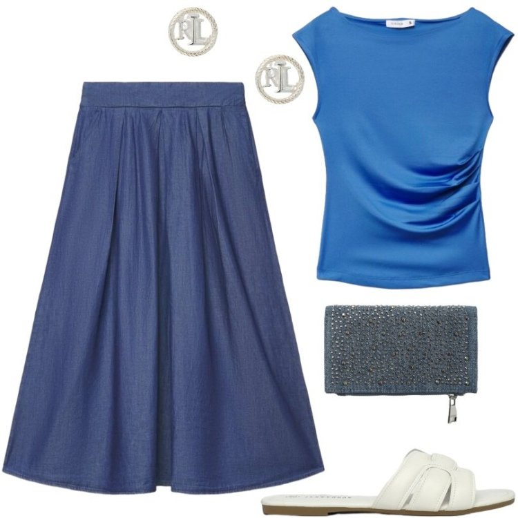 Outfit donna - Total look #2433562. Stile Basic per Tutti i giorni. Abbinamento con portafogli, gonne lunghe, ciabatte, t-shirt, orecchini.