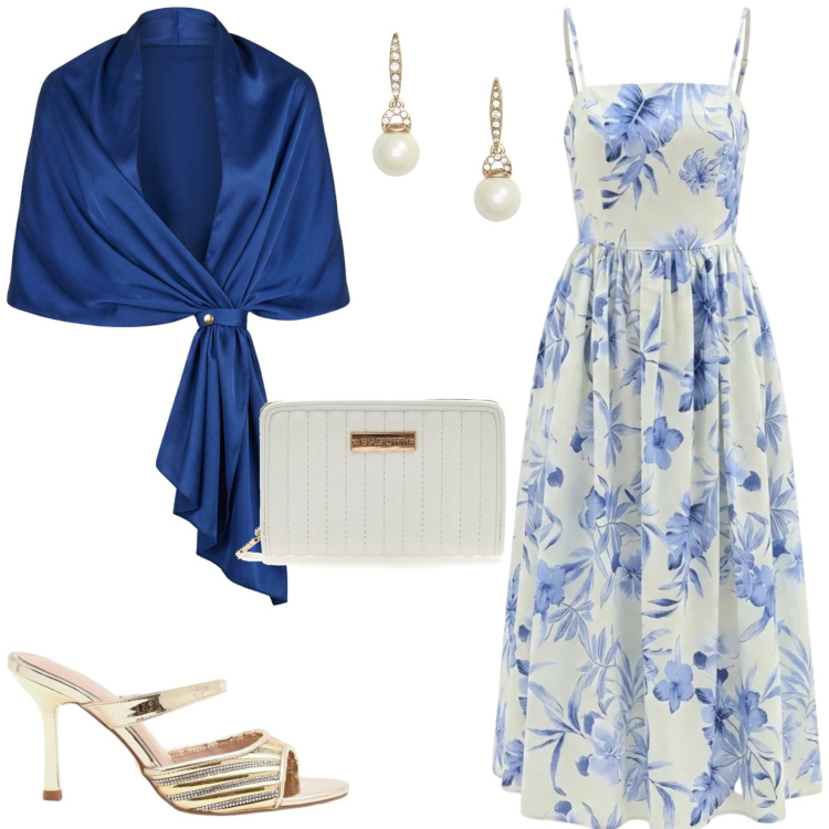 Outfit donna - Eleganza d\'estate. Stile Chic per Cerimonia. Abbinamento con orecchini, vestiti midi/longuette, sabot, stole, portafogli.