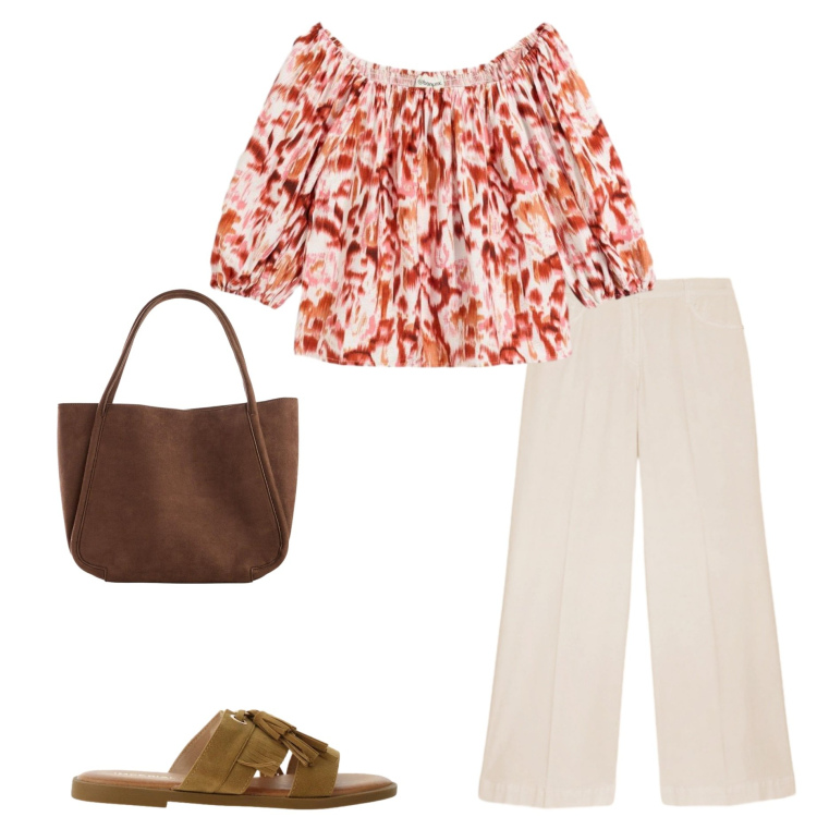 Outfit donna - Lino e leggerezza. Stile Casual chic per Ufficio. Abbinamento con bluse, shopping bag, sandali, pantaloni a palazzo.