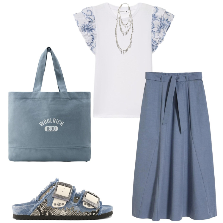 Outfit donna - Summer curvy. Stile Casual chic per Ufficio. Abbinamento con gonne longuette, t-shirt, borse tote, collane, sandali.