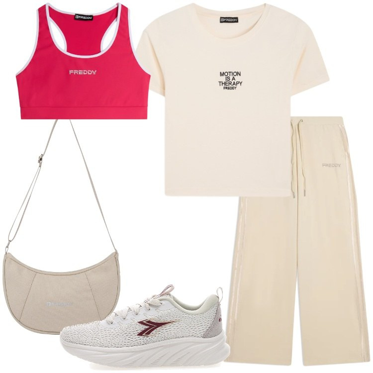 Outfit donna - Sporty summer mood. Stile Casual per Sport. Abbinamento con pantaloni, t-shirt, borse a spalla, reggiseni, scarpe sportive.