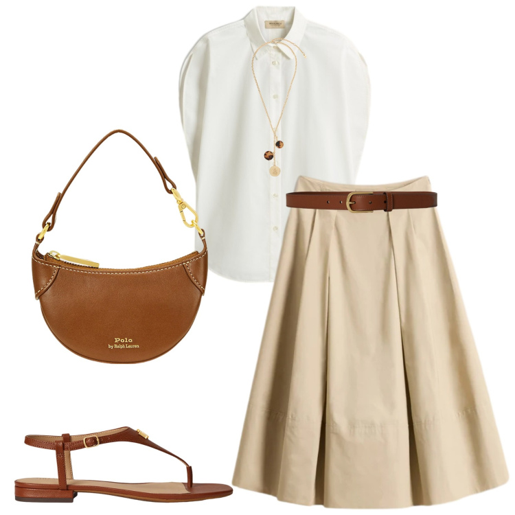 Outfit donna - Summer curvy. Stile Casual chic per Ufficio. Abbinamento con sandali in pelle, collane, borse a tracolla, cinture, bluse, gonne lunghe.