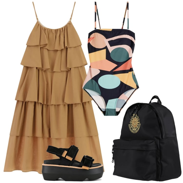 Outfit donna - Total look #2433589. Stile Trendy per Mare. Abbinamento con zaini, costumi interi, vestiti lunghi, sandali col tacco.