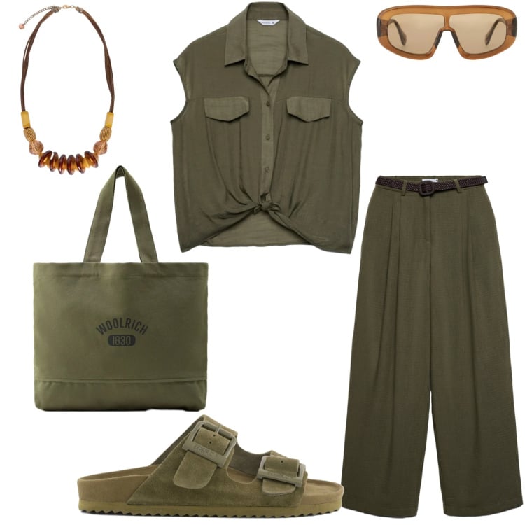 Outfit donna - Summer curvy. Stile Casual chic per Tutti i giorni. Abbinamento con pantaloni, camicie a manica corta, occhiali da sole, collane, borse tote, sandali in pelle.