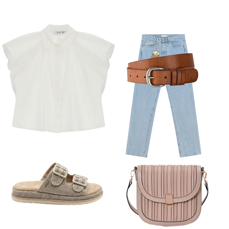 Outfit donna - Total look #2433601. per Tutti i giorni. Abbinamento con camicie a manica corta, jeans dritti, borse a tracolla, cinture, ciabatte.