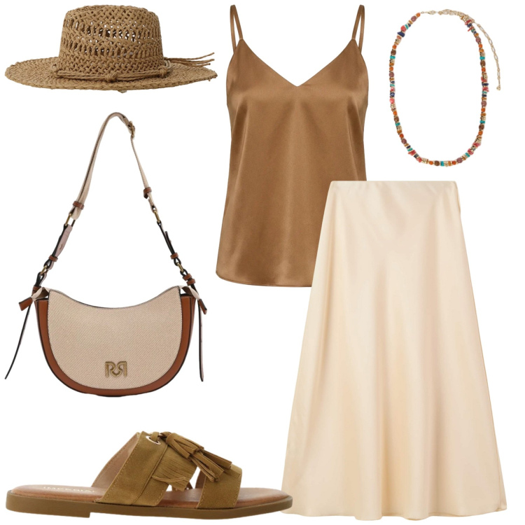Outfit donna - Riflessi di Satin e Dettagli Boho. Stile Boho per Serata fuori. Abbinamento con gonne lunghe, top, borse a tracolla, sandali, cappelli, collane.