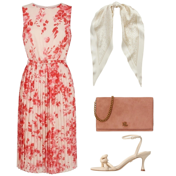 Outfit donna - Elegante d\'estate. Stile Chic per Cerimonia. Abbinamento con sandali in pelle, foulard, borse a tracolla, vestiti midi/longuette.
