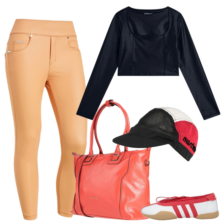 Outfit donna - Pilates. Stile Sporty chic per Sport. Abbinamento con zaini, ballerine, cappelli, jeggings, maglieria.