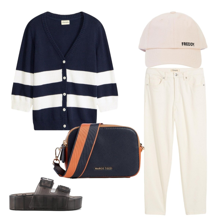 Outfit donna - Gita in barca. Stile Sporty chic per Tutti i giorni. Abbinamento con jeans mom, borse a tracolla, cardigans, cappelli con visiera, sandali.