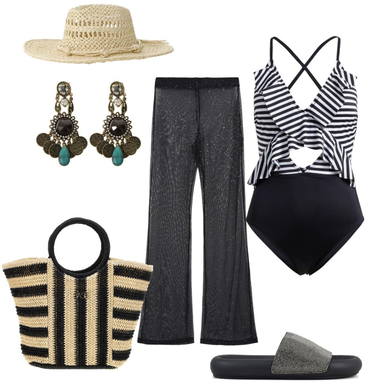 Outfit donna - Il costume come un top. Stile Boho per Mare. Abbinamento con costumi interi, vestiti da spiaggia, orecchini, cappelli, ciabatte, borse a mano.