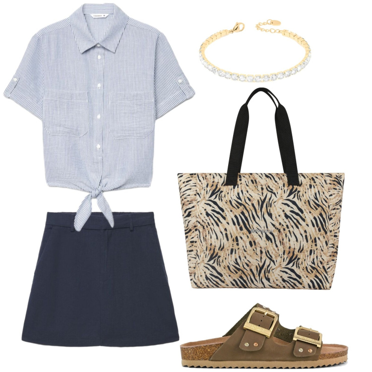 Outfit donna - Lino e leggerezza. Stile Glamour per Tutti i giorni. Abbinamento con camicie a manica corta, shorts, shopping bag, braccialetti, sandali.