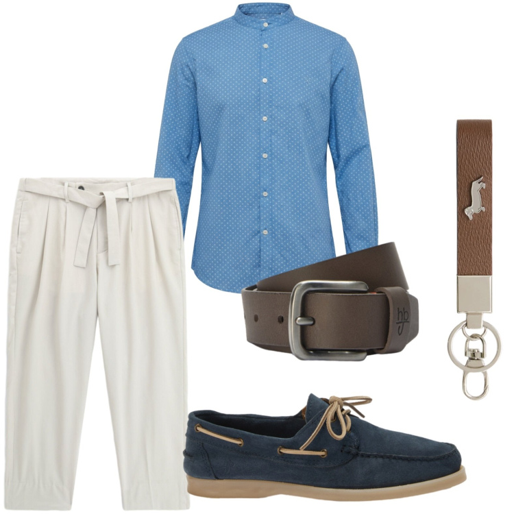 Outfit uomo - Aperitivo al tramonto. Stile Casual per Tutti i giorni. Abbinamento con portachiavi, scarpe stringate, camicie, cinture, pantaloni chino.