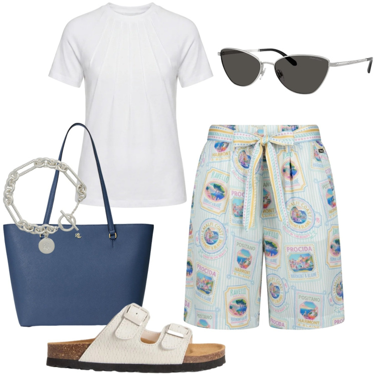 Outfit donna - Total look #2433642. Stile Basic per Tutti i giorni. Abbinamento con bermuda, t-shirt, braccialetti, occhiali da sole, borse tote, sandali in pelle.