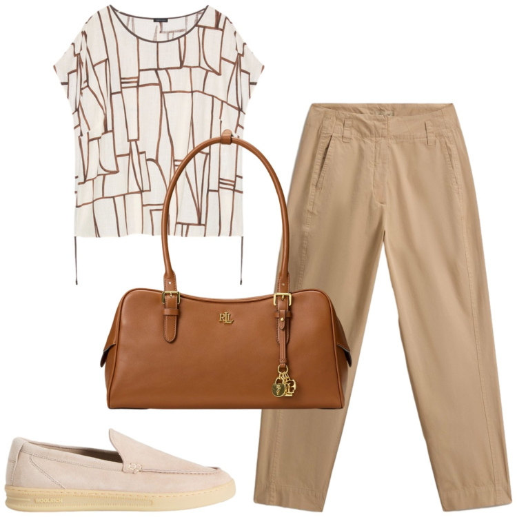 Outfit donna - Total look #2433646. Stile Casual per Tutti i giorni. Abbinamento con t-shirt, borse a mano, mocassini, pantaloni.