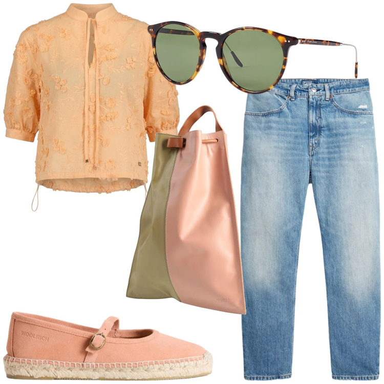 Outfit donna - Total look #2433647. Stile Casual per Tutti i giorni. Abbinamento con zaini, bluse, espadrillas, occhiali da sole, jeans.