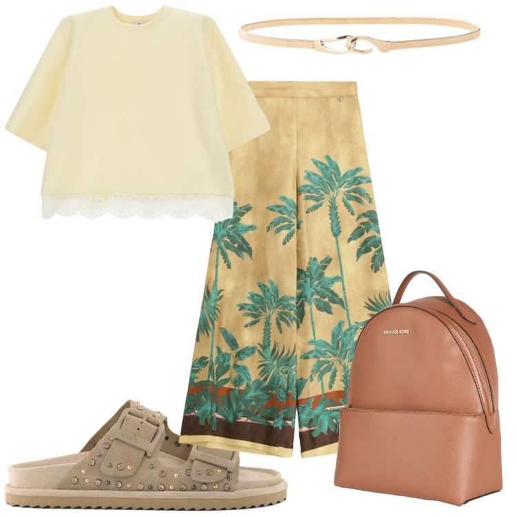 Outfit donna - Colors of California: in vacanza. Stile Trendy per Tutti i giorni. Abbinamento con zaini, t-shirt, pantaloni a palazzo, cinture, sandali in pelle.