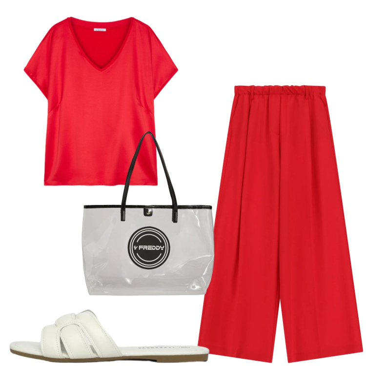 Outfit donna - Total look #2433653. Stile Casual per Tutti i giorni. Abbinamento con ciabatte, pantaloni a palazzo, t-shirt, shopping bag.