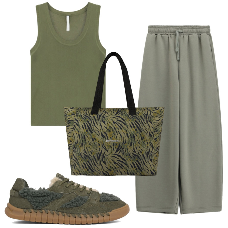 Outfit donna - Total look #2433661. Stile Sporty chic per Tutti i giorni. Abbinamento con shopping bag, pantaloni a palazzo, canottiere, sneakers.