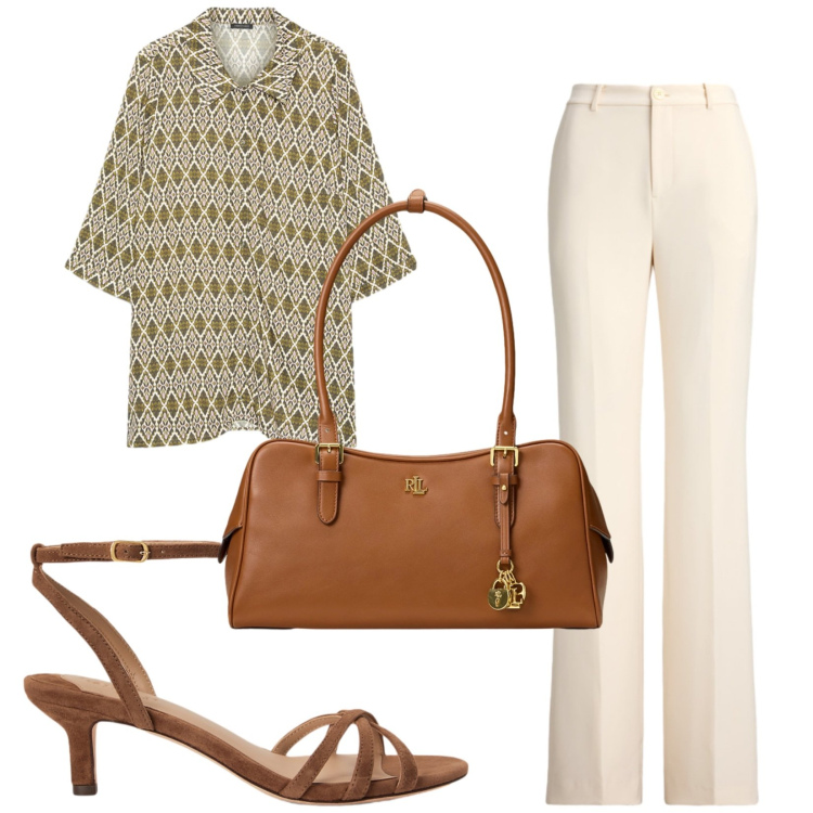 Outfit donna - Total look #2433664. Stile Casual chic per Ufficio. Abbinamento con camicie, borse a mano, pantaloni, sandali col tacco.