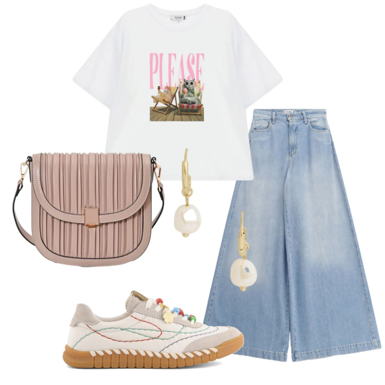 Outfit donna - Total look #2433667. Stile Casual per Tutti i giorni. Abbinamento con borse a tracolla, jeans, t-shirt, orecchini, sneakers.