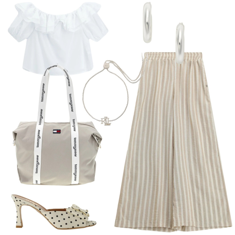 Outfit donna - Total look #2433670. Stile Bon Ton per Tutti i giorni. Abbinamento con bluse, pantaloni a palazzo, sandali col tacco, braccialetti, orecchini, shopping bag.