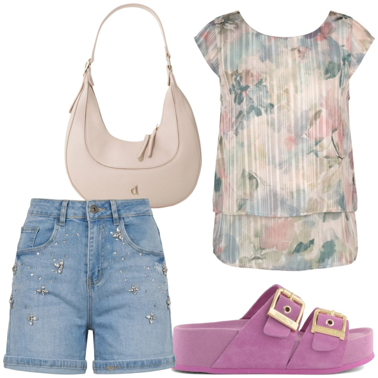 Outfit donna - Total look #2433672. Stile Casual per Tutti i giorni. Abbinamento con borse a tracolla, shorts, top, sandali in pelle.
