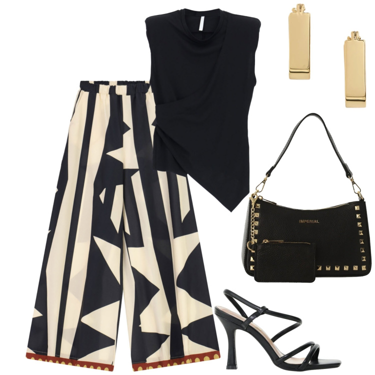 Outfit donna - Imperial. Stile Casual chic per Tutti i giorni. Abbinamento con pantaloni a palazzo, top, borse a spalla, sandali col tacco, orecchini.