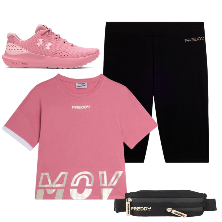 Outfit donna - Jogging estivo. Stile Basic per Tutti i giorni. Abbinamento con t-shirt, bermuda, borse sportive, scarpe sportive.