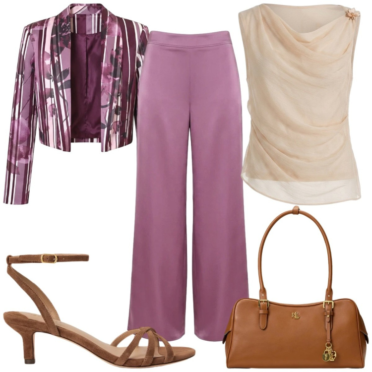 Outfit donna - Rinascimento : battesimo. Stile Chic per Cerimonia. Abbinamento con top, pantaloni a palazzo, blazer, borse a mano, sandali col tacco.