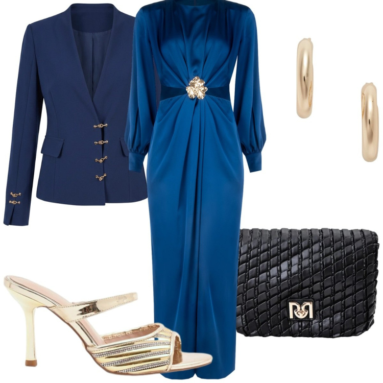 Outfit donna - Rinascimento : matrimonio glamour. Stile Glamour per Cerimonia. Abbinamento con orecchini, vestiti lunghi, blazer, borse a tracolla, sabot.