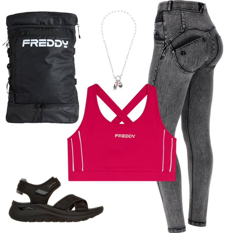 Outfit donna - Relax nei boschi. Stile Casual per Sport. Abbinamento con jeans skinny, top, zaini, ciondoli, sandali.