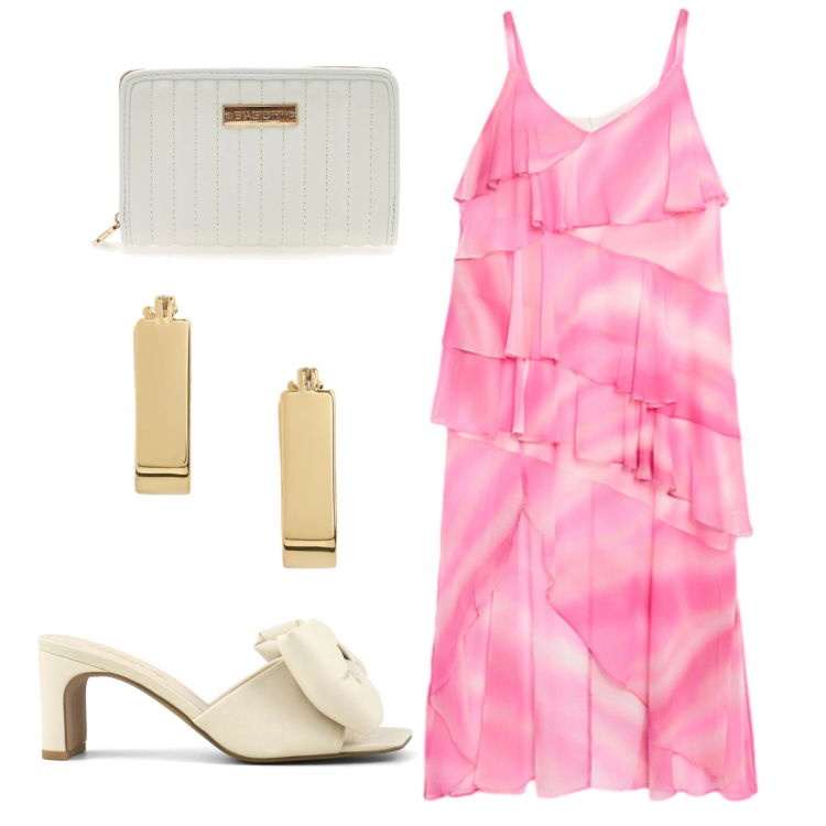 Outfit donna - Cascata di volant. Stile Romantica per Cerimonia. Abbinamento con vestiti lunghi, orecchini, sandali col tacco, portafogli.