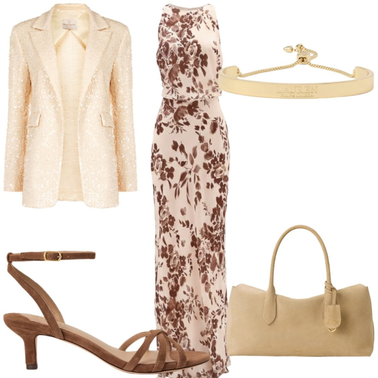 Outfit donna - Rinascimento : mamma della sposa. Stile Glamour per Cerimonia. Abbinamento con vestiti lunghi, blazer, braccialetti, sandali col tacco, borse a mano.