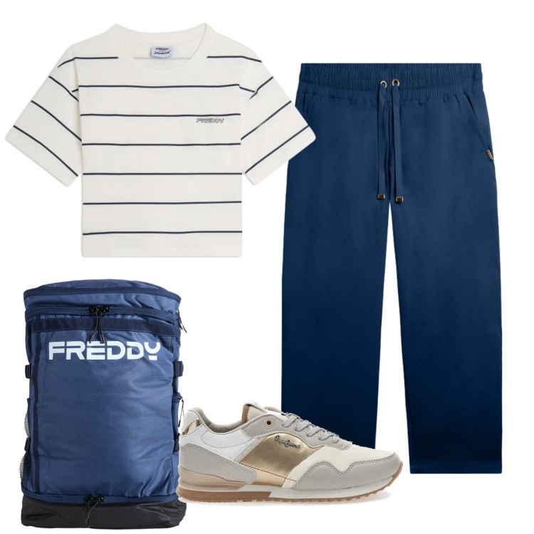 Outfit donna - In partenza. Stile Basic per Tutti i giorni. Abbinamento con pantaloni, t-shirt, zaini, sneakers.