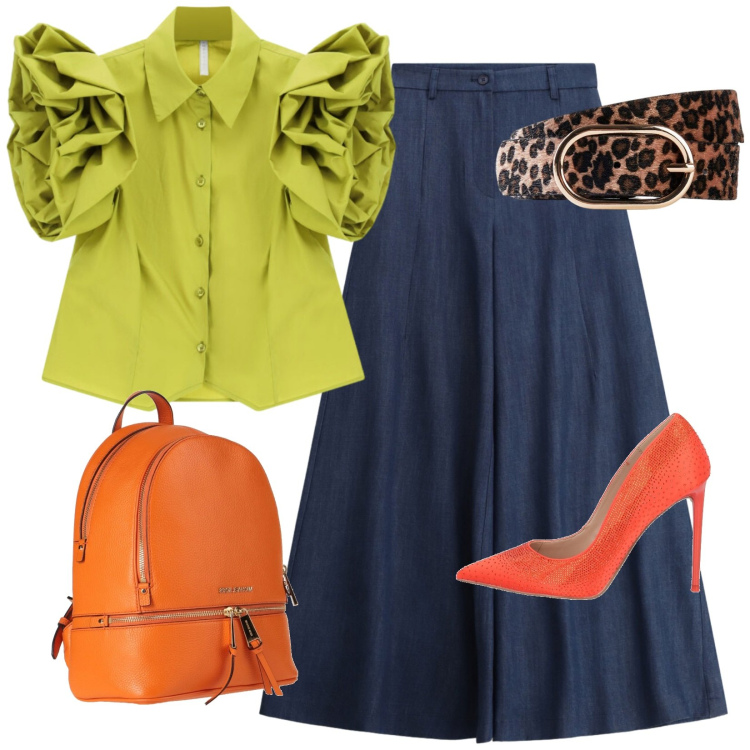 Outfit donna - Gossip girl. Stile Casual chic per Tutti i giorni. Abbinamento con décolleté, zaini, cinture, pantaloni a palazzo, camicie a manica corta.
