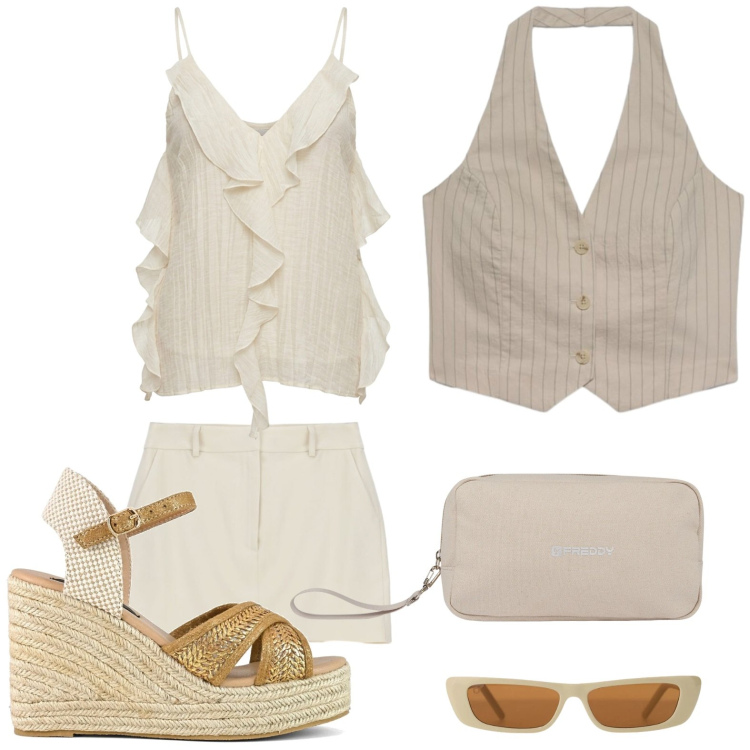 Outfit donna - Rouches e gilet. Stile Glamour per Tutti i giorni. Abbinamento con gilet, canottiere, minigonne, occhiali da sole, valigie, zeppe.