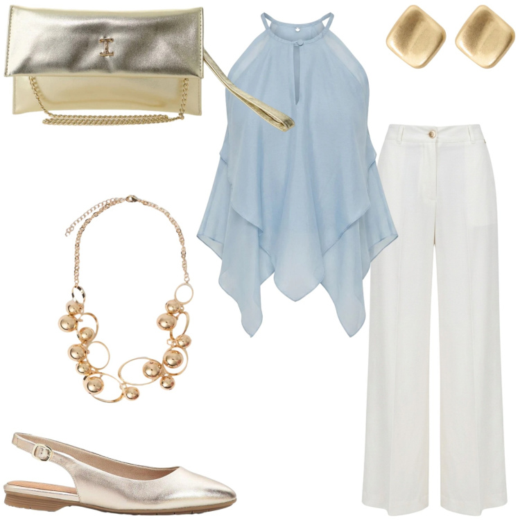 Outfit donna - Summer curvy. Stile Chic per Cerimonia. Abbinamento con ballerine, collane, canottiere, pantaloni a palazzo, borse a tracolla, orecchini.