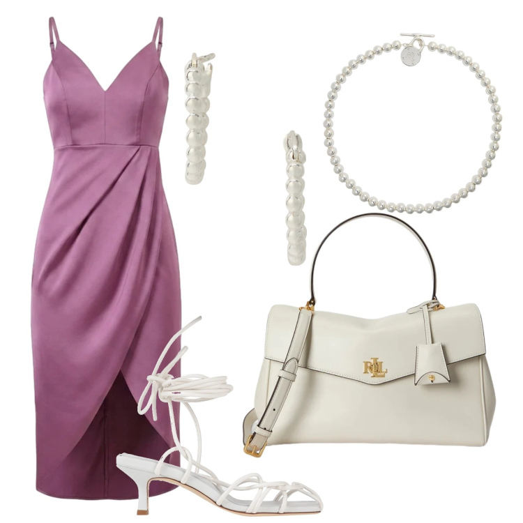 Outfit donna - Sensuale. Stile Chic per Serata fuori. Abbinamento con sandali col tacco, collane, orecchini, borse a mano, vestiti asimmetrici.