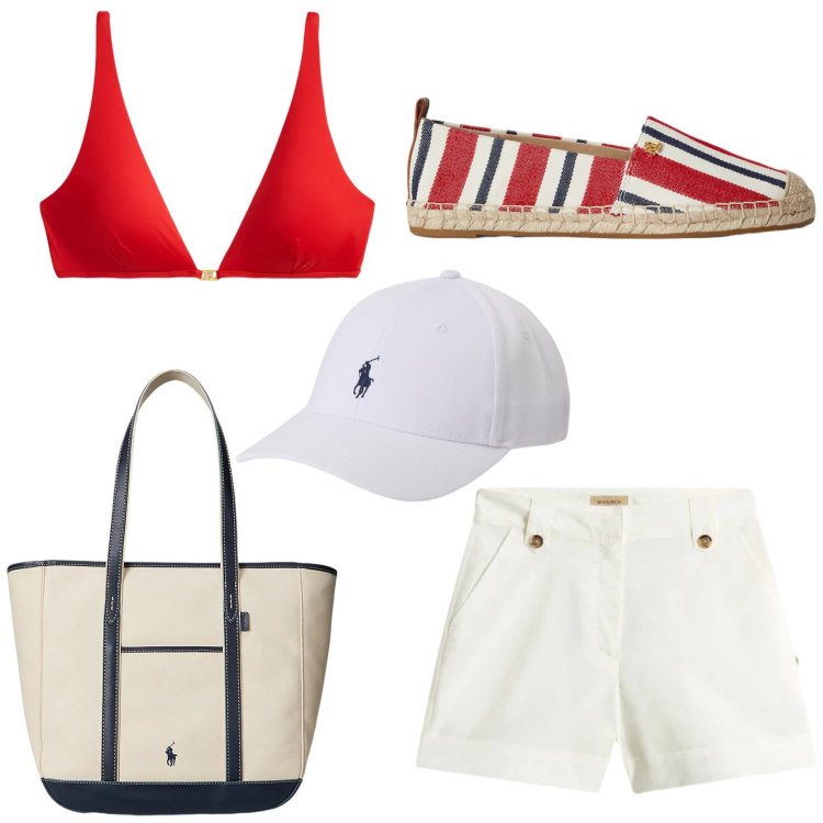 Outfit donna - Look riviera. Stile Chic per Mare. Abbinamento con espadrillas, bikini, borse tote, cappelli con visiera, pantaloni corti.