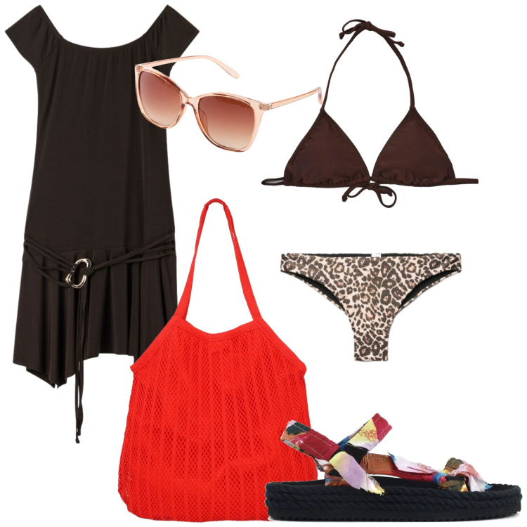 Outfit donna - Casual al mare. Stile Casual per Mare. Abbinamento con occhiali da sole, vestiti corti, shopping bag, bikini, bikini, sandali.