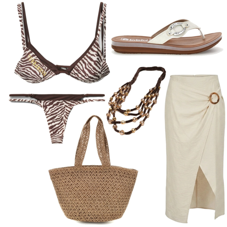 Outfit donna - La gonna pareo sofisticata. Stile Chic per Mare. Abbinamento con bikini, bikini, gonne longuette, collane, borse tote, infradito.