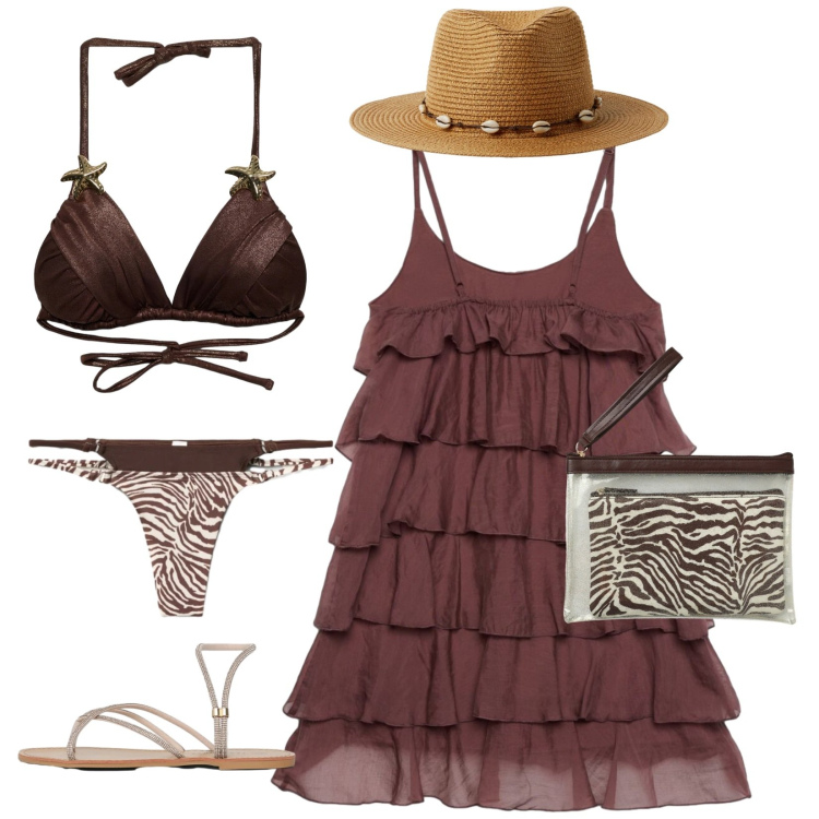 Outfit donna - Raggi di sole, stile selvaggio. Stile Casual chic per Mare. Abbinamento con vestiti corti, bikini, cappelli, sandali, pochette, bikini.